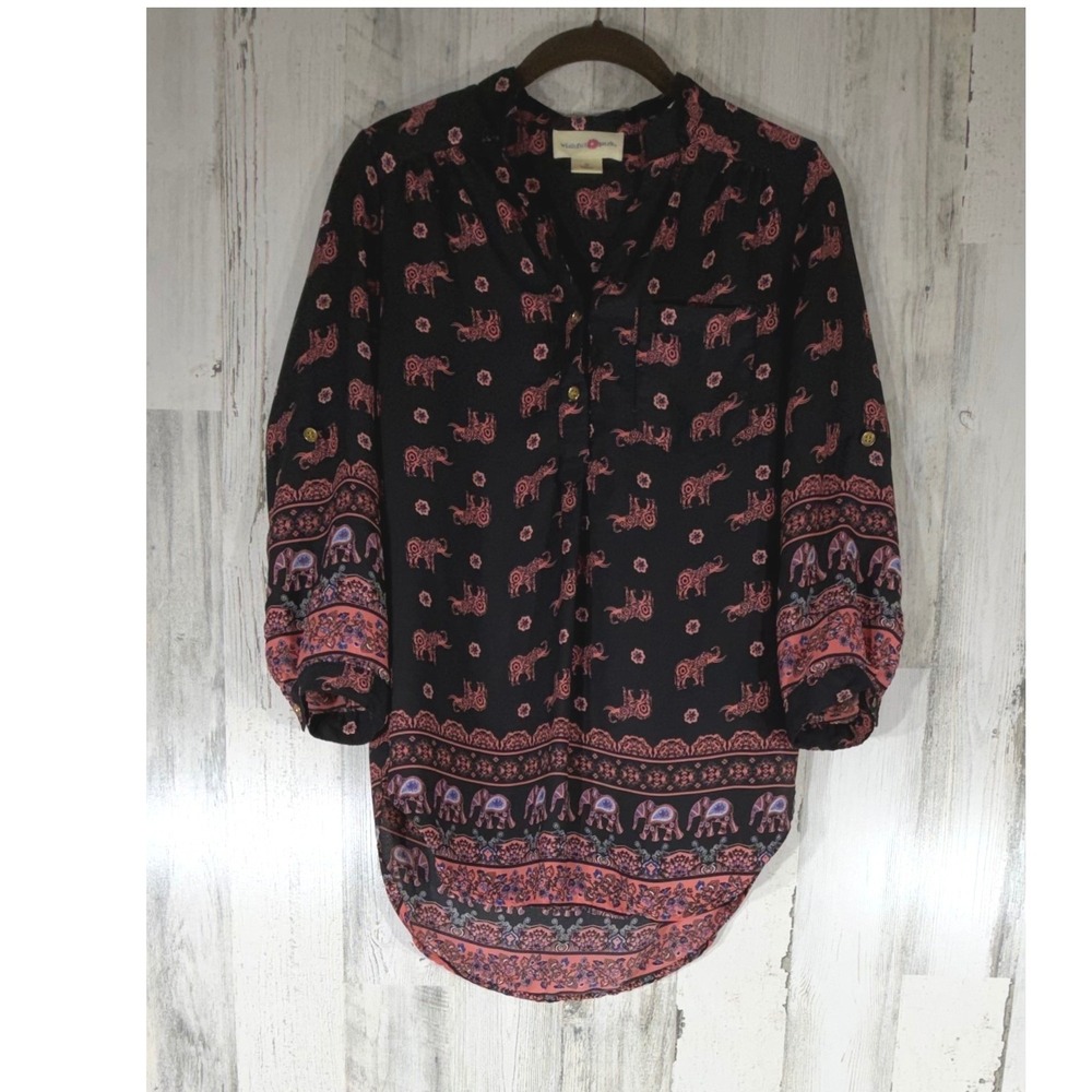 Wishful‎ Park Black Pink Elephant Print Roll Tab Sleeve Popover Tunic Size XS